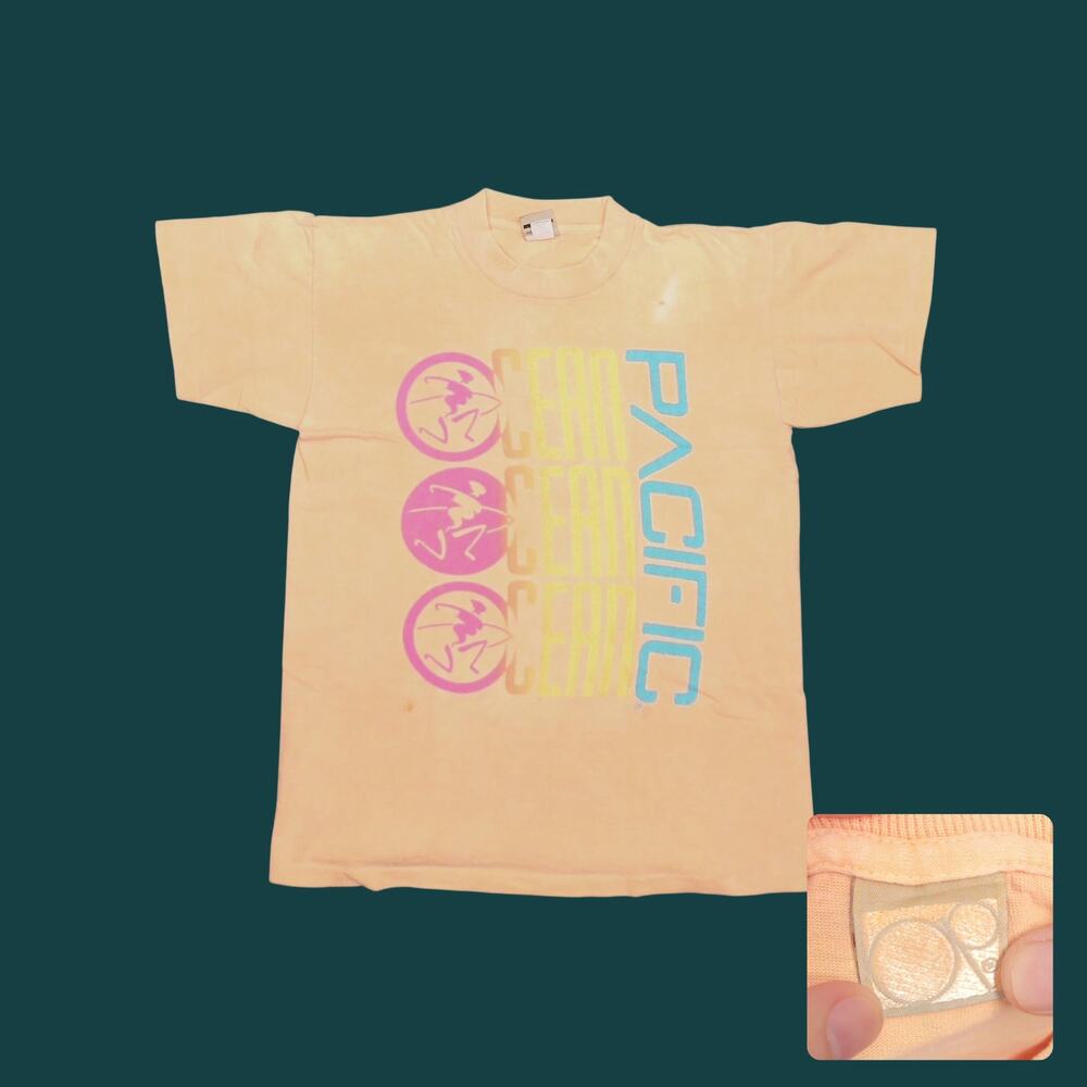 Vintage 90s OP Ocean Pacific Peach Neon Surfer T-Shirt Single Stitch M